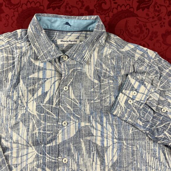 Tommy Bahama Shirt Mens Large Floral Linen Blend Reverse Print Button Up - Picture 1 of 13